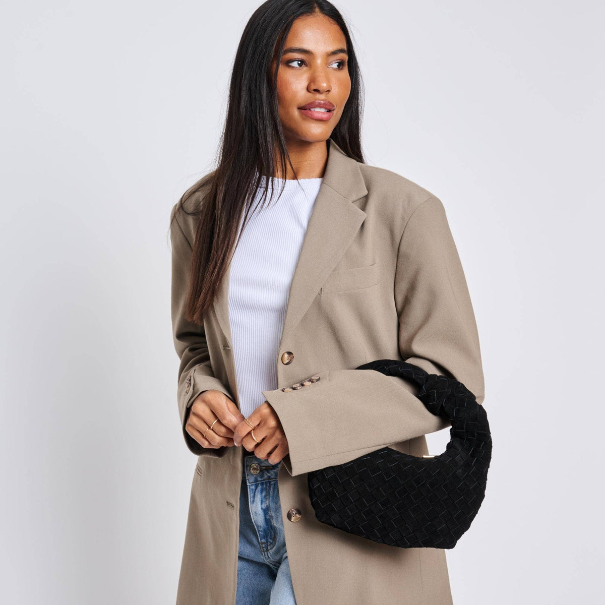 Pochette en cuir suédé véritable tressé - noir