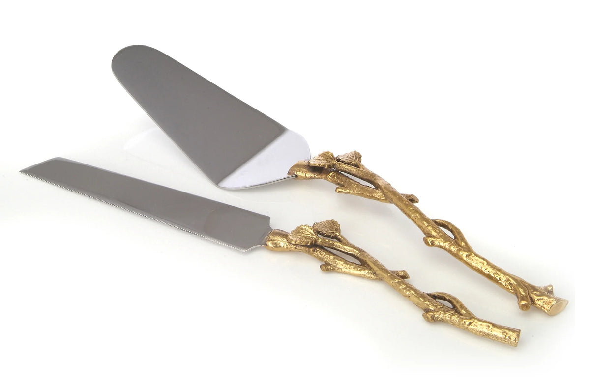 cake server and knife set with gold leaf motif