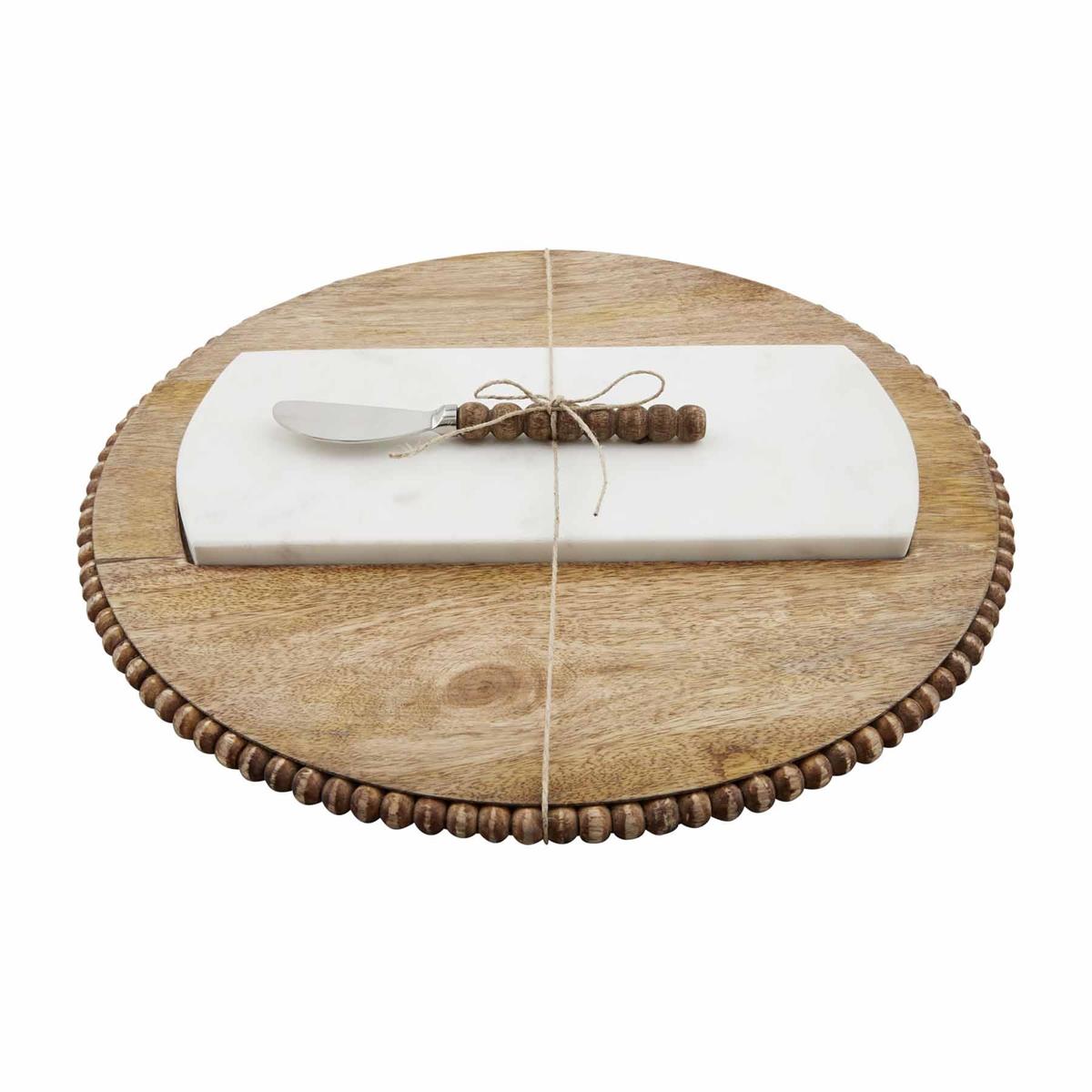WOOD BOARD BEADED - MARBLE INSET SERVING SET