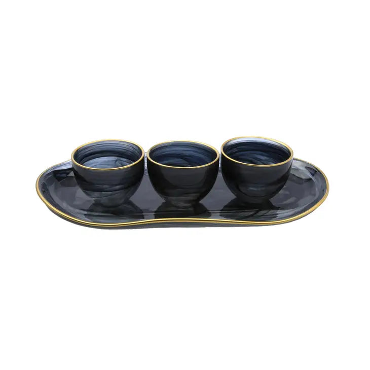 Black Alabaster Tray w/3 Relish Dishes